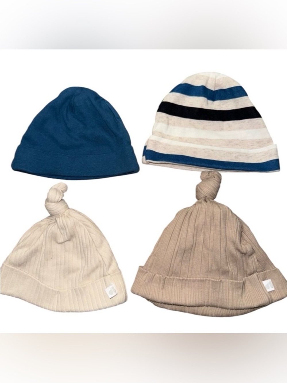 Baby Hat Bundle 0–6M Onesies & Just Born Cotton Beanies Neutral & Blue Lot 4